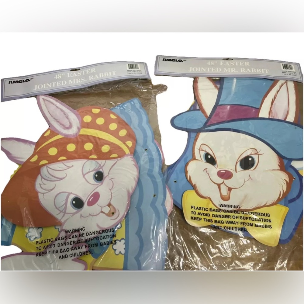 Vintage Die Cuts 2 Easter Decor Mr Rabbit Mrs Rabbit Jointed 48" Kitschy Spring